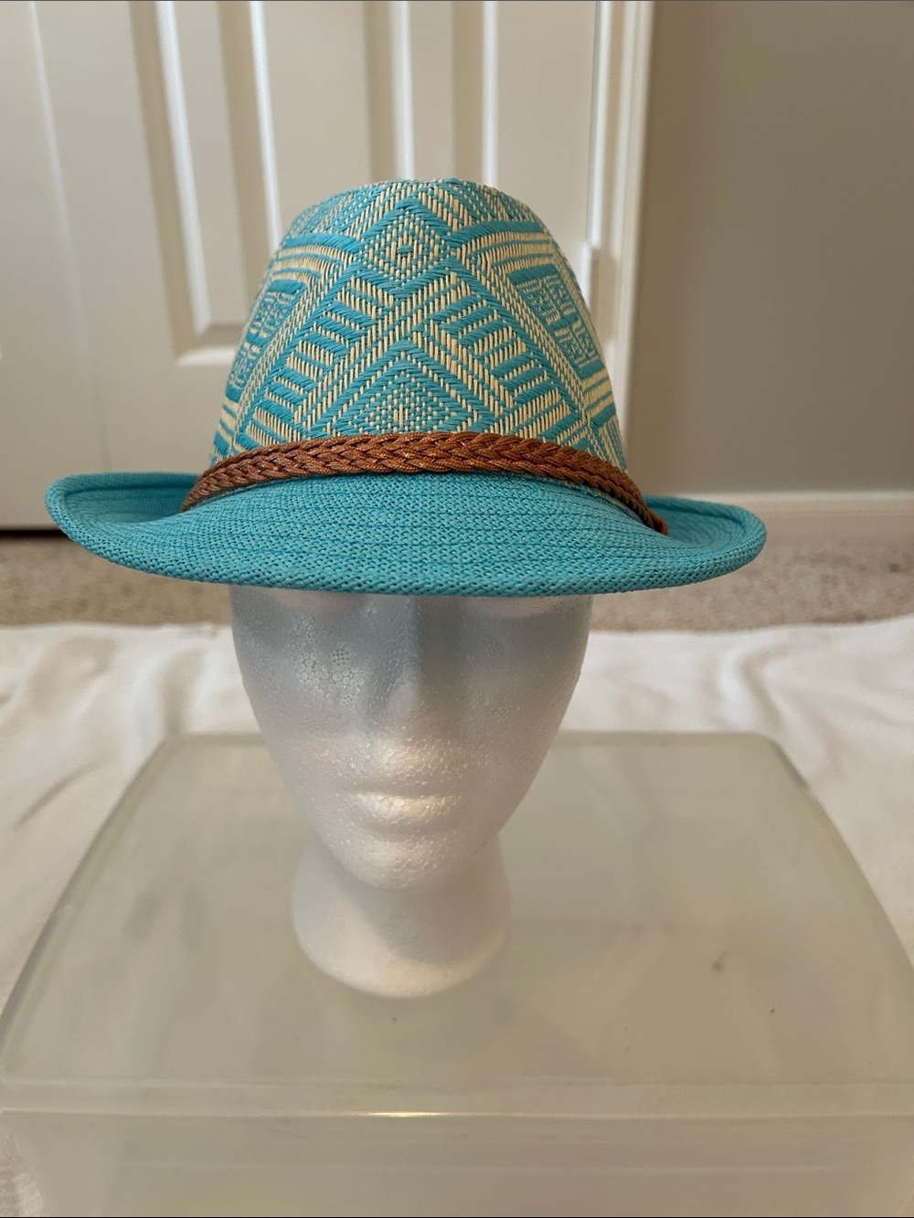 Turquoise Patterned Straw Fedora with Braided Band